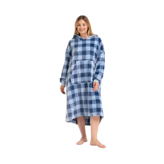 Długa Bluza Koc z Kapturem Oversize – Niebieska Krata